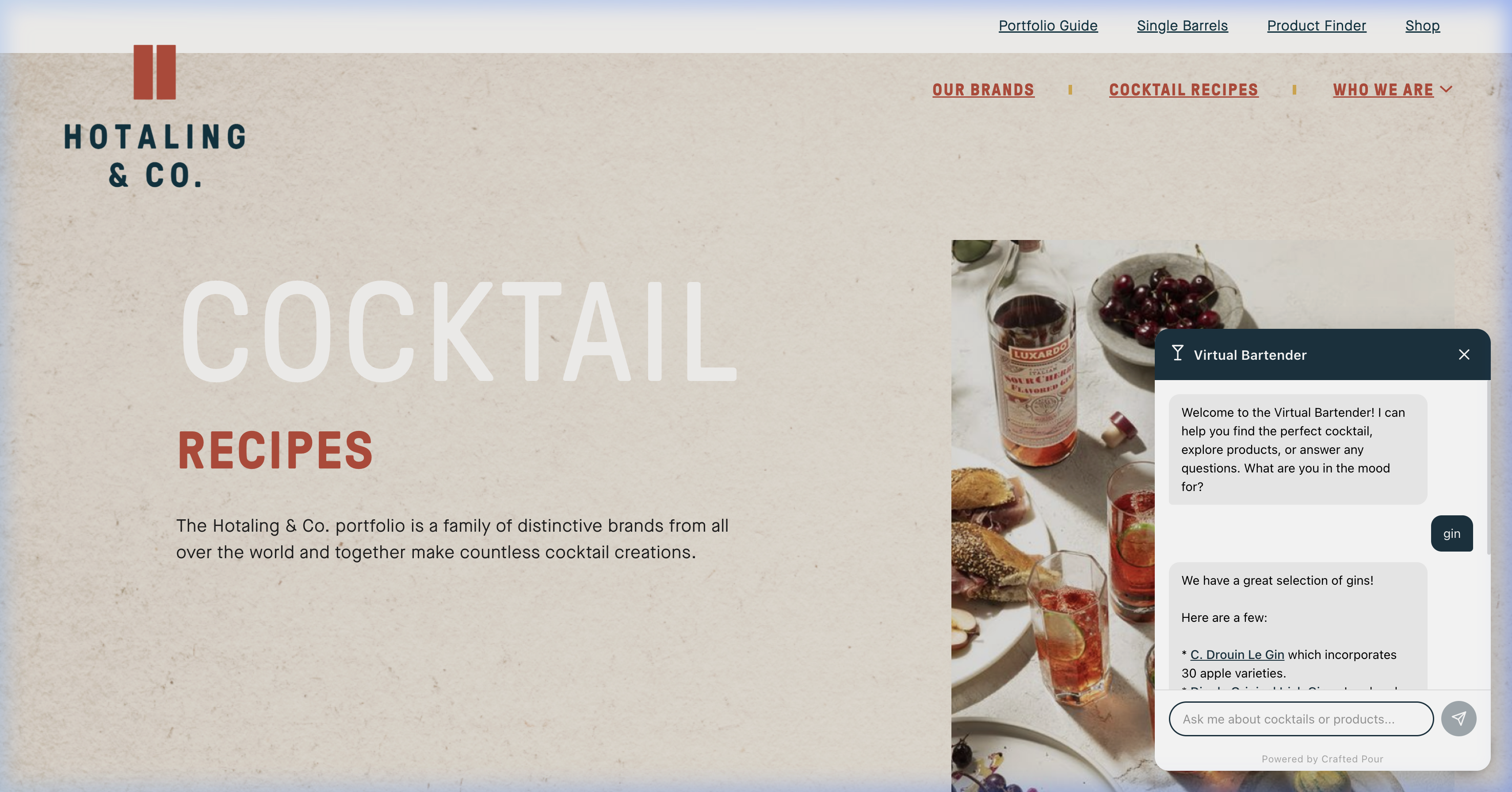 Hotaling & Co Virtual Bartender AI integration on a brand website