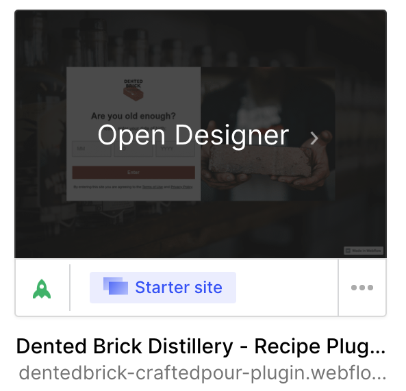 Webflow dashboard tile with Open Designer button