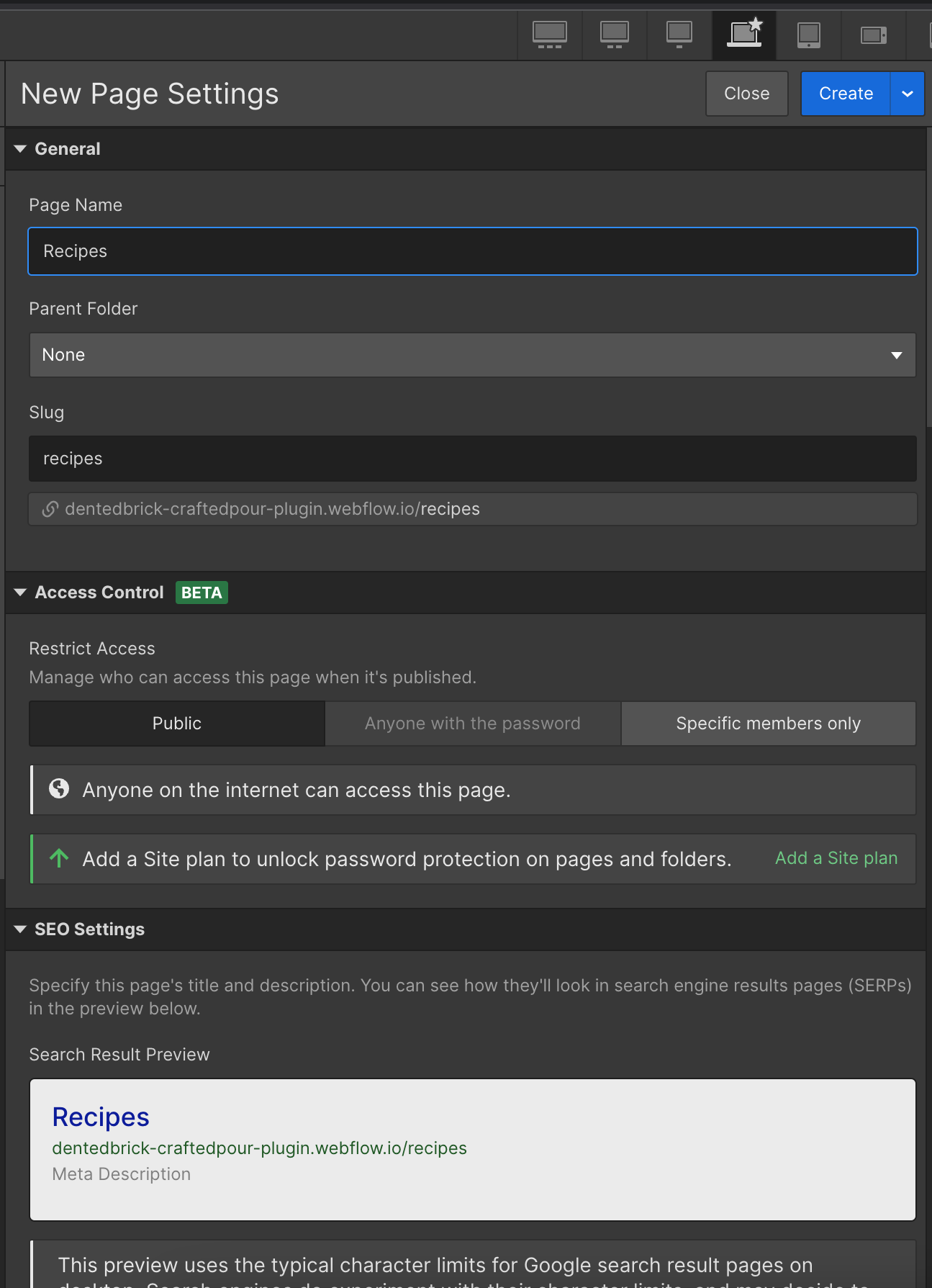 Webflow New Page Settings panel with page name and slug