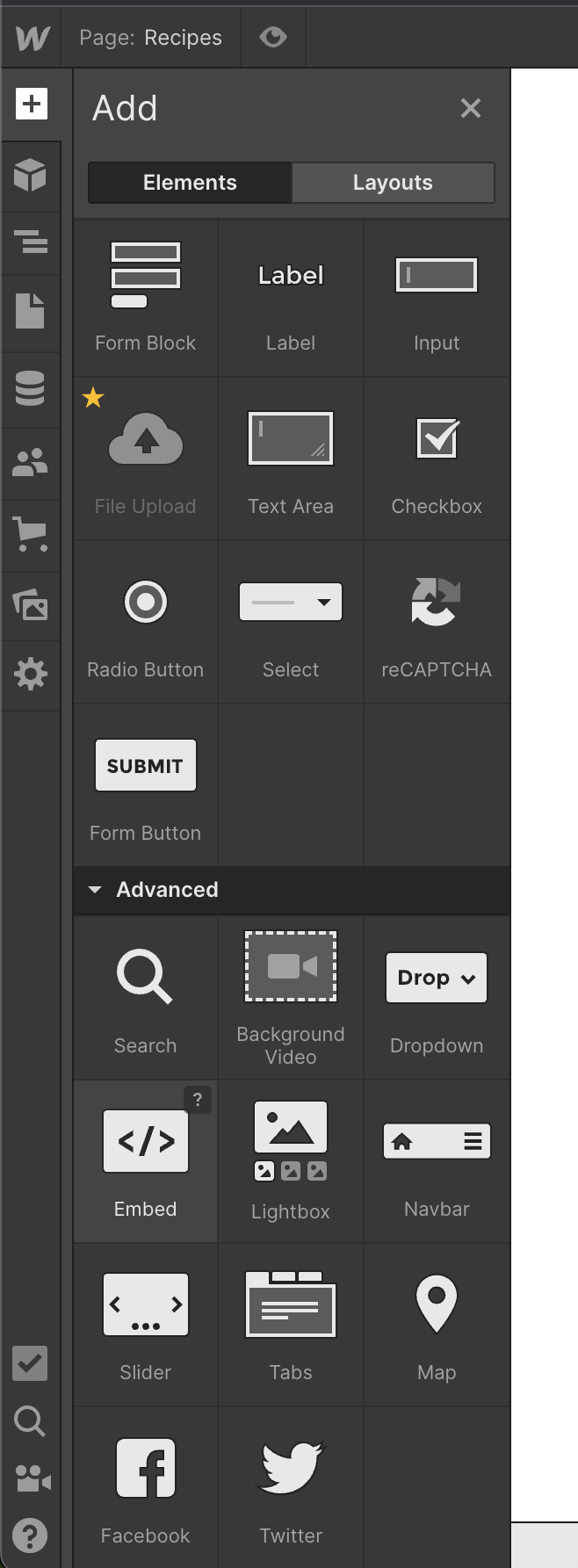 Webflow Add Elements panel with the Embed element under Advanced