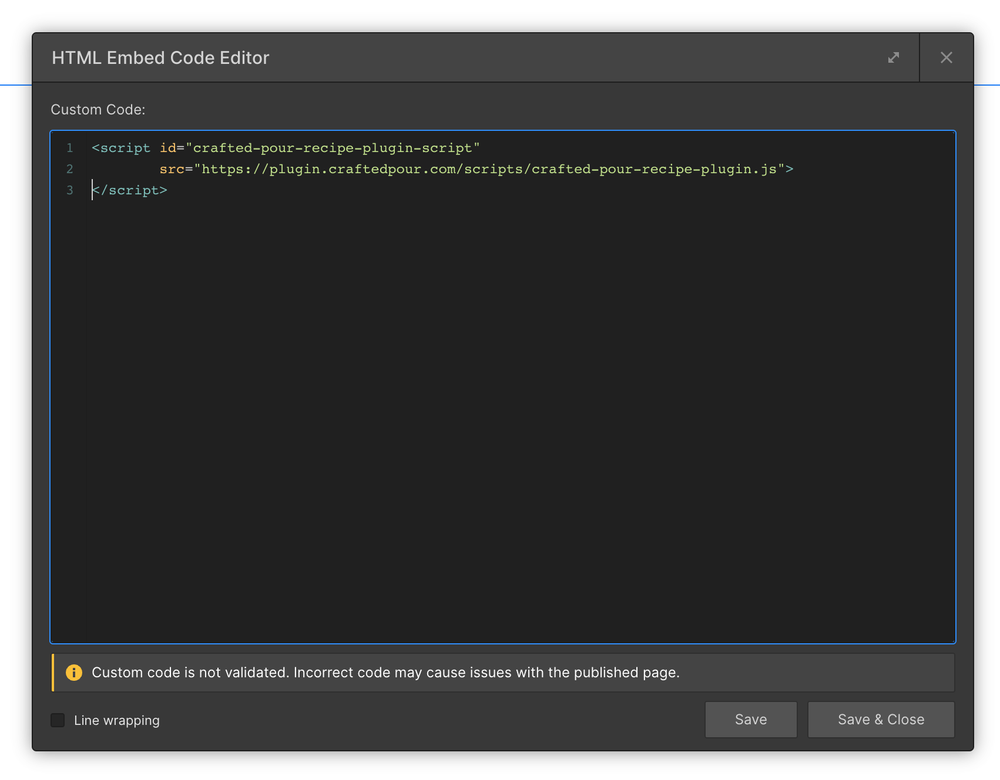Webflow HTML Embed Code Editor with the Crafted Pour script pasted
