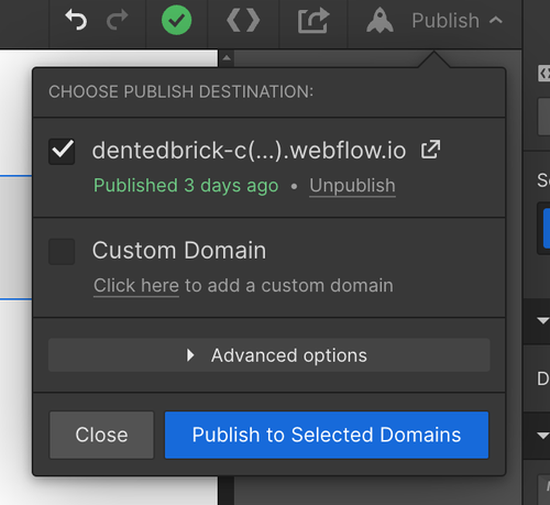 Webflow Publish menu with publish destinations