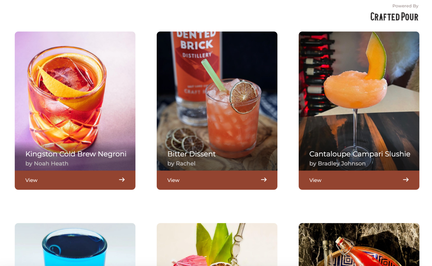 Published Webflow page showing the Crafted Pour recipe gallery