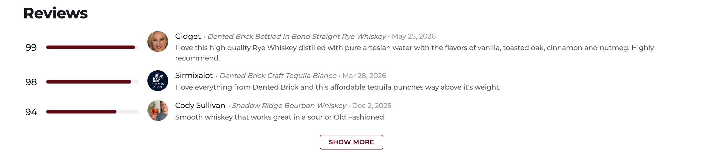 The reviews section of the Crafted Pour widget showing creator ratings, tasting notes, and product names for spirits in the store’s catalog.