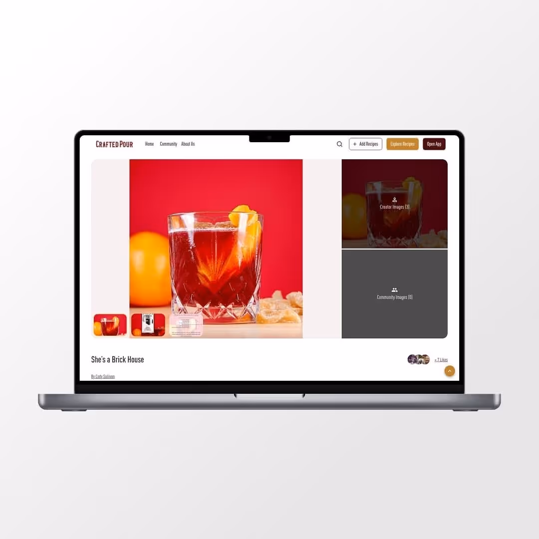 A cocktail recipe page on Crafted Pour featuring product details and reviews