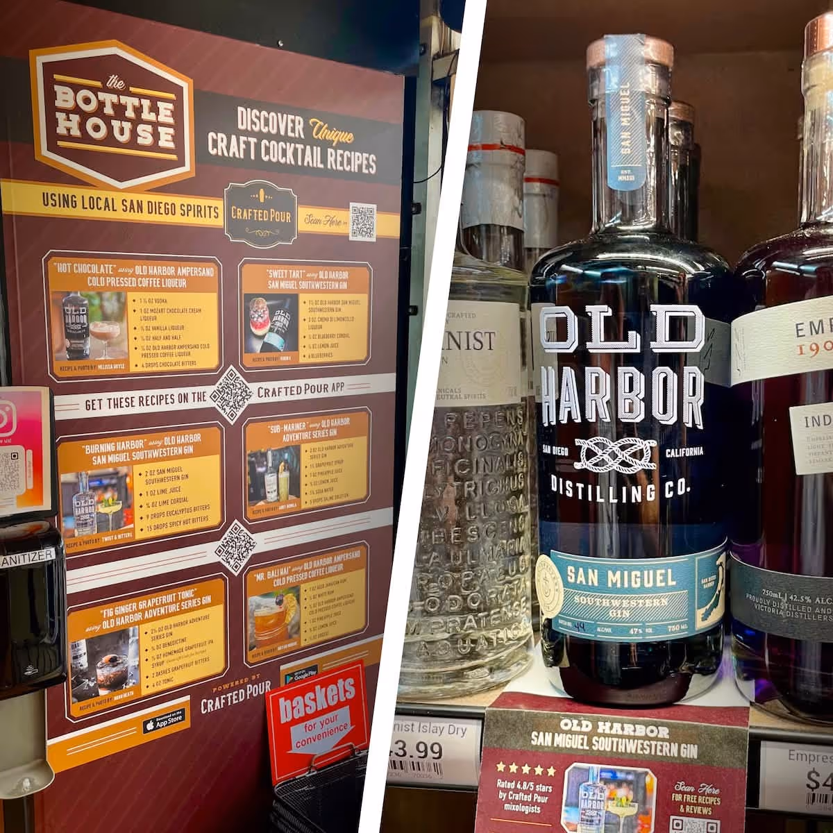 Retail shelf displays and printed materials featuring Crafted Pour cocktail recipes